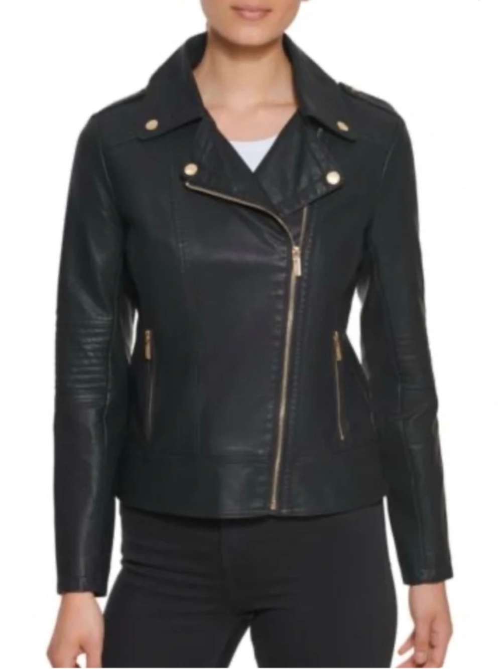 GUESS Women's Asymmetric Faux-Leather Moto Jacket, black w/gold hardware, L